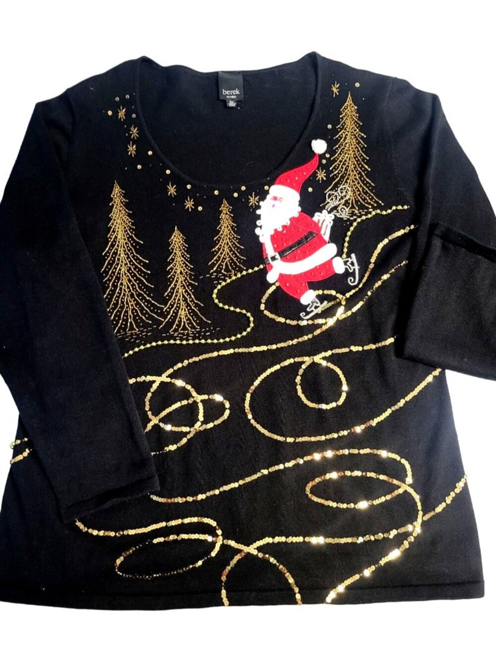 Berek Skating Santa Gold Trim Sequin Ugly Christmas Sweater (1XL)